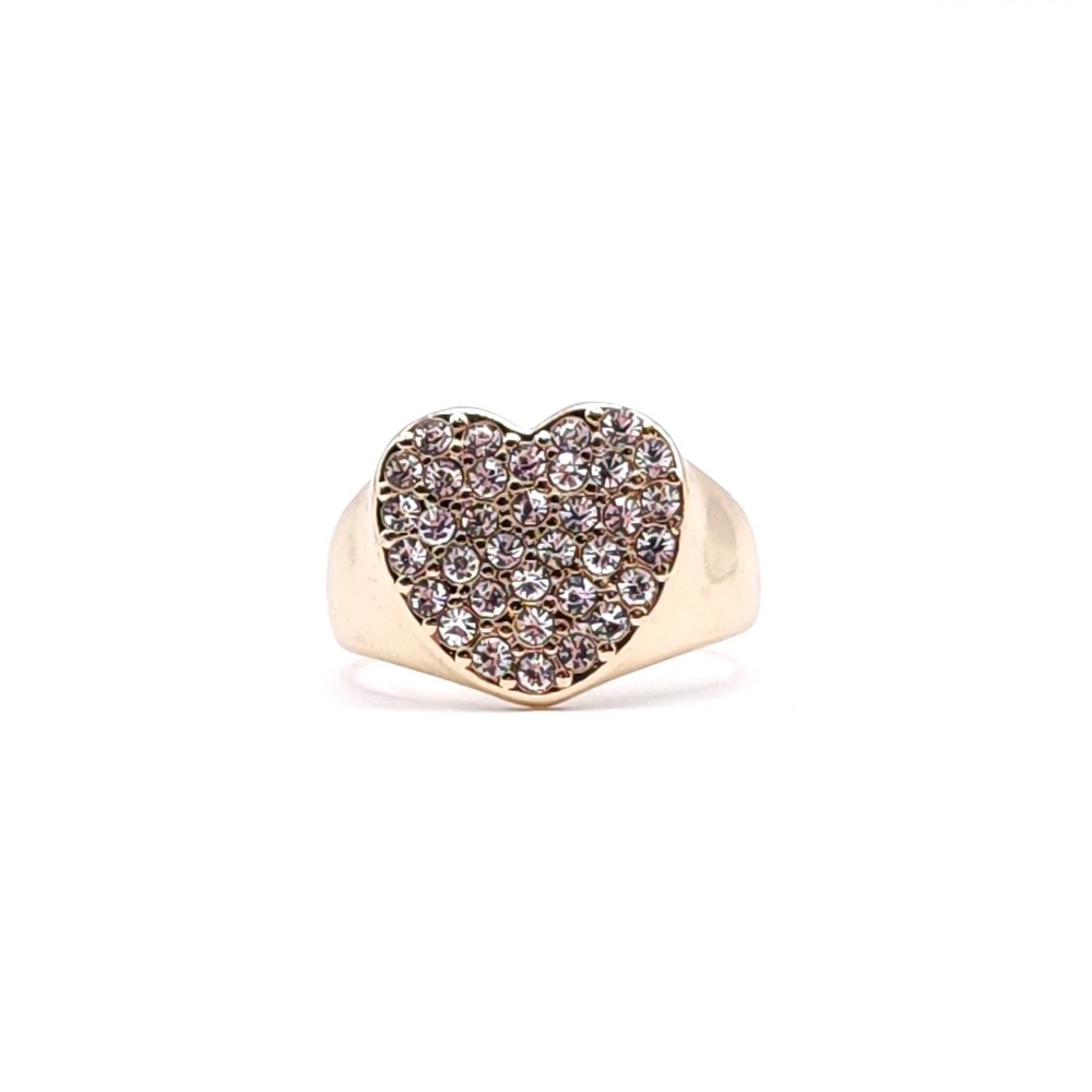 Gold Tone Heart Ring Pave Rhinestone Crystal Statement Band